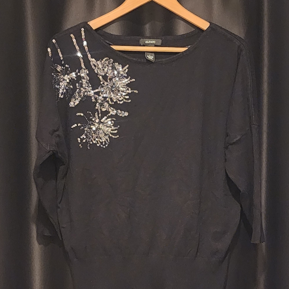 ALFANI- Black And Silver Sequin Upside Down Dandelion Pom Pom Sweater